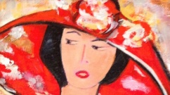 Belle femme au chapeau rouge acrylique - cropped
