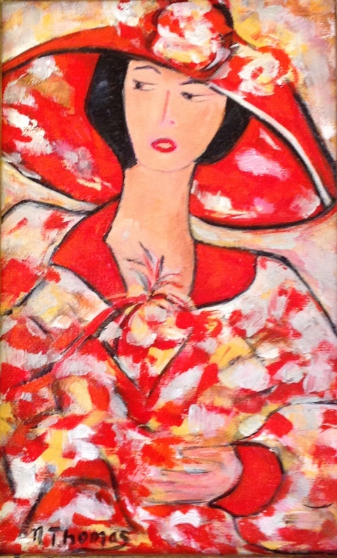 Belle femme au chapeau rouge acrylique