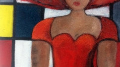 La dame au chapeau rouge (fond inspiré de Mondrian)