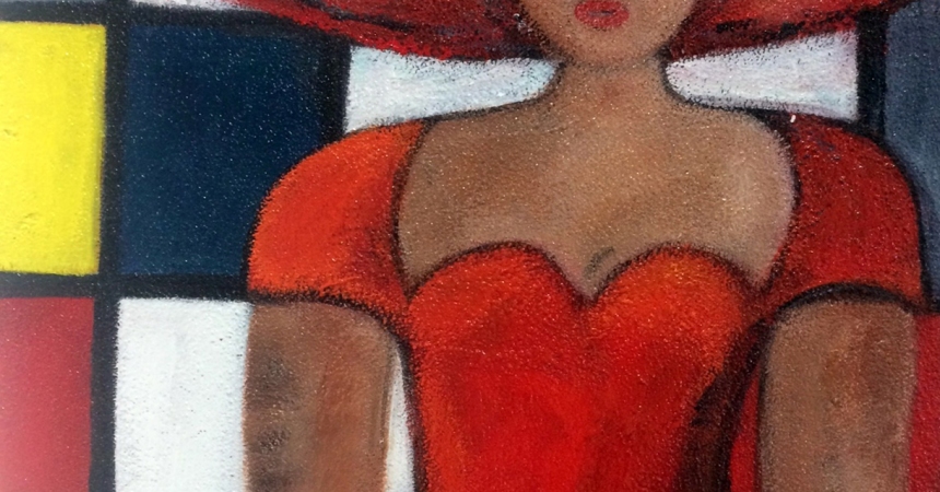 La dame au chapeau rouge (fond inspiré de Mondrian)